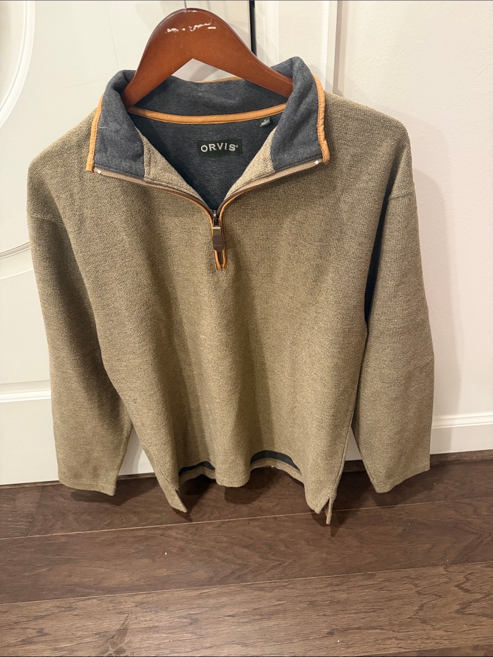 Orvis Olive Green Zip-Up Sweater with Charcoal Collar and Tan Trim - Picture 1 of 5